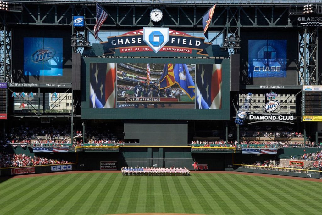 A U.S. Air Force honor guard from Luke Air Force Base (AFB), Ariz., presents the colors at the Arizona Diamondbacks baseball team season opener April 5, 2010, at Chase Field in Phoenix.